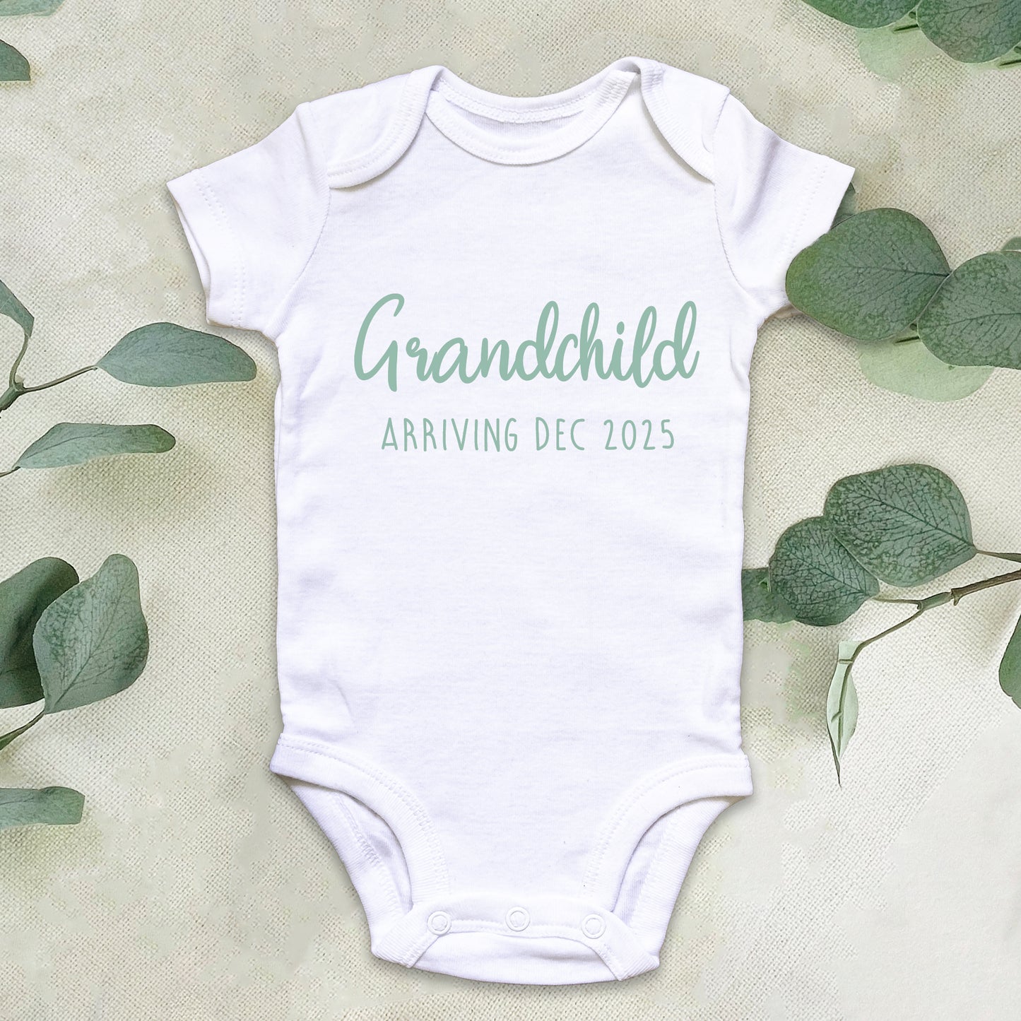 Personalised Grandchild Arriving Baby Announcement Baby Grow Vest Add any Date - Baby Shower - New Baby