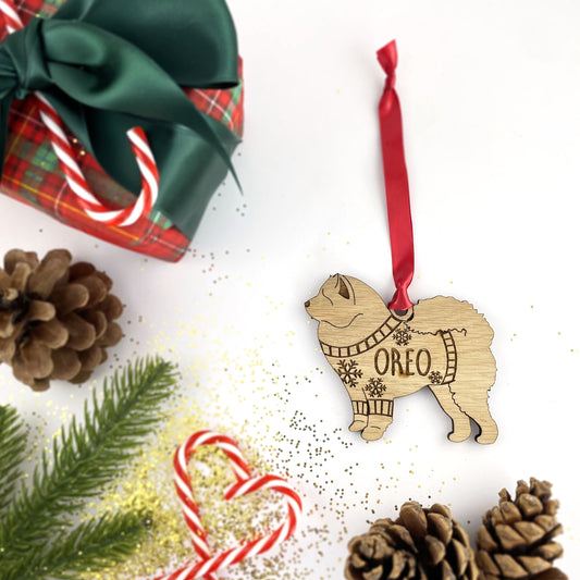 Personalised Chow Chow Bauble Jumper Dog Bauble - Oak Veneer Wood - Add any name