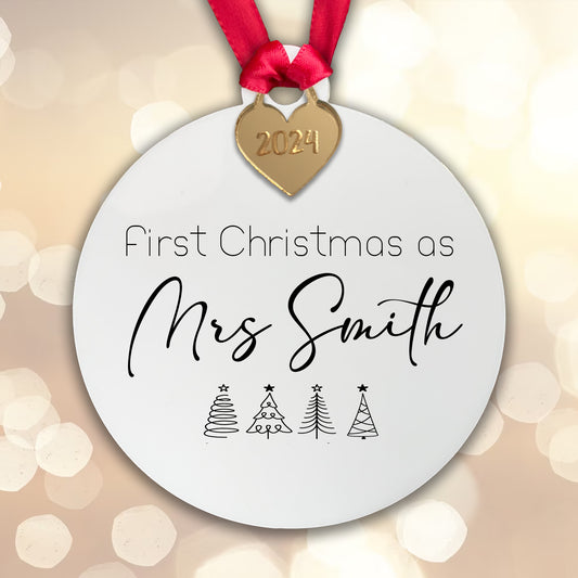 Personalised First Christmas as Mrs Surname Tree Decoration Bauble - Acrylic