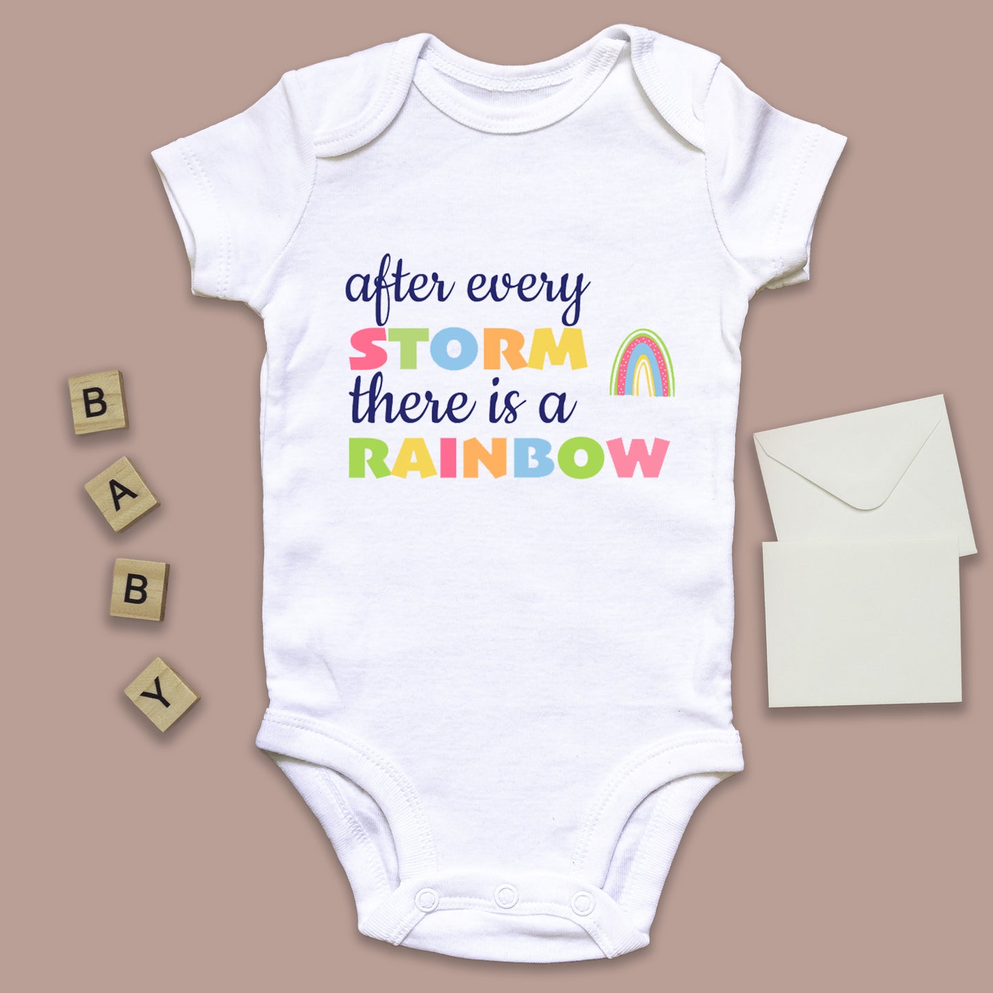 After Every Storm, There Is A Rainbow - Rainbow Baby Announcement Baby Grow Vest - First Outfit - Rainbow Baby