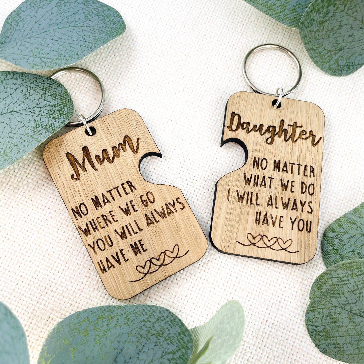 Mum & Daughter Keyring Wooden Oak Veneer - Heart Cut Out - Mothers Day Gift