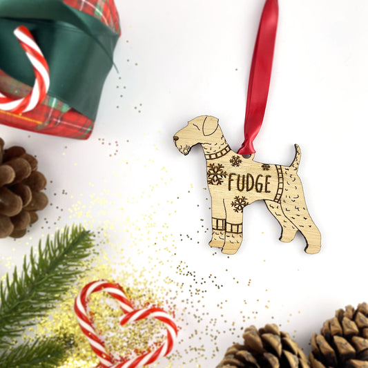 Personalised Airedale Terrier Bauble Jumper Dog Bauble - Oak Veneer Wood - Add any name