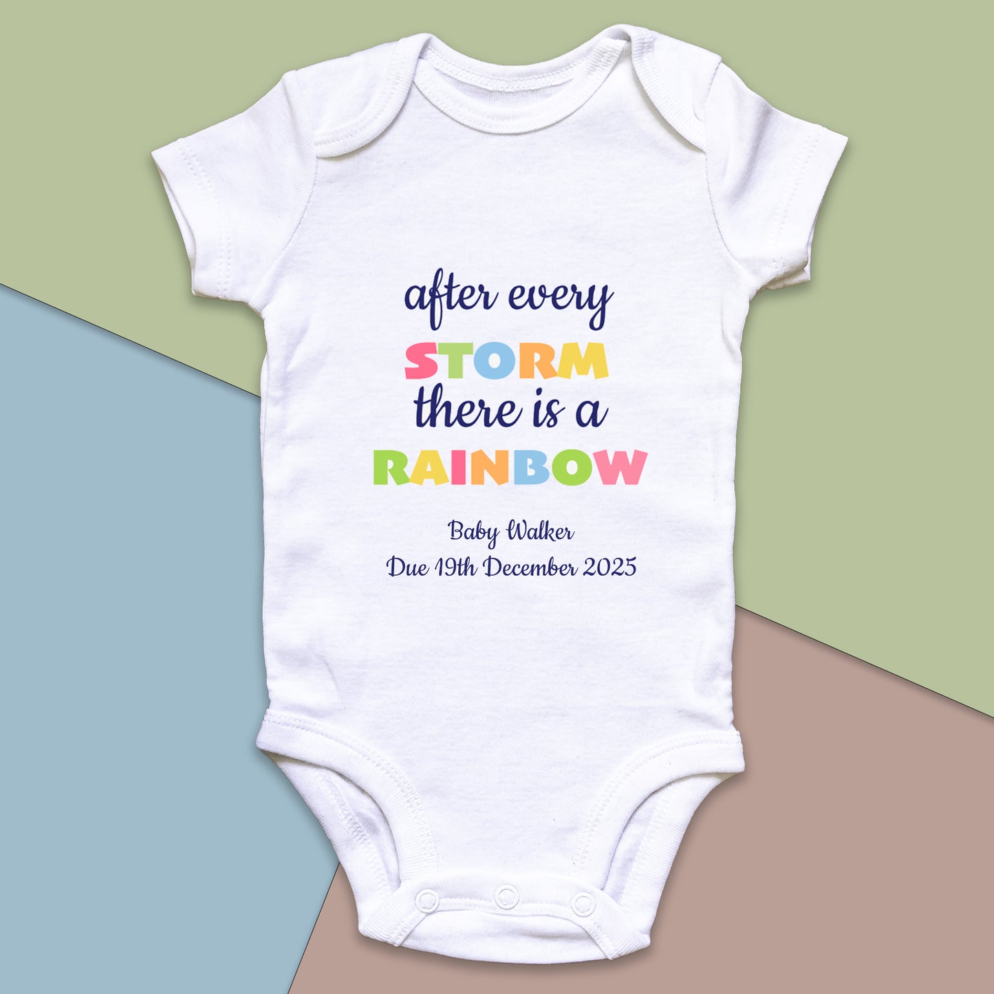 Personalised 'After Every Storm, There Is A Rainbow' Baby Announcement Baby Grow Vest Add any Name and Date - First Outfit - Rainbow Baby