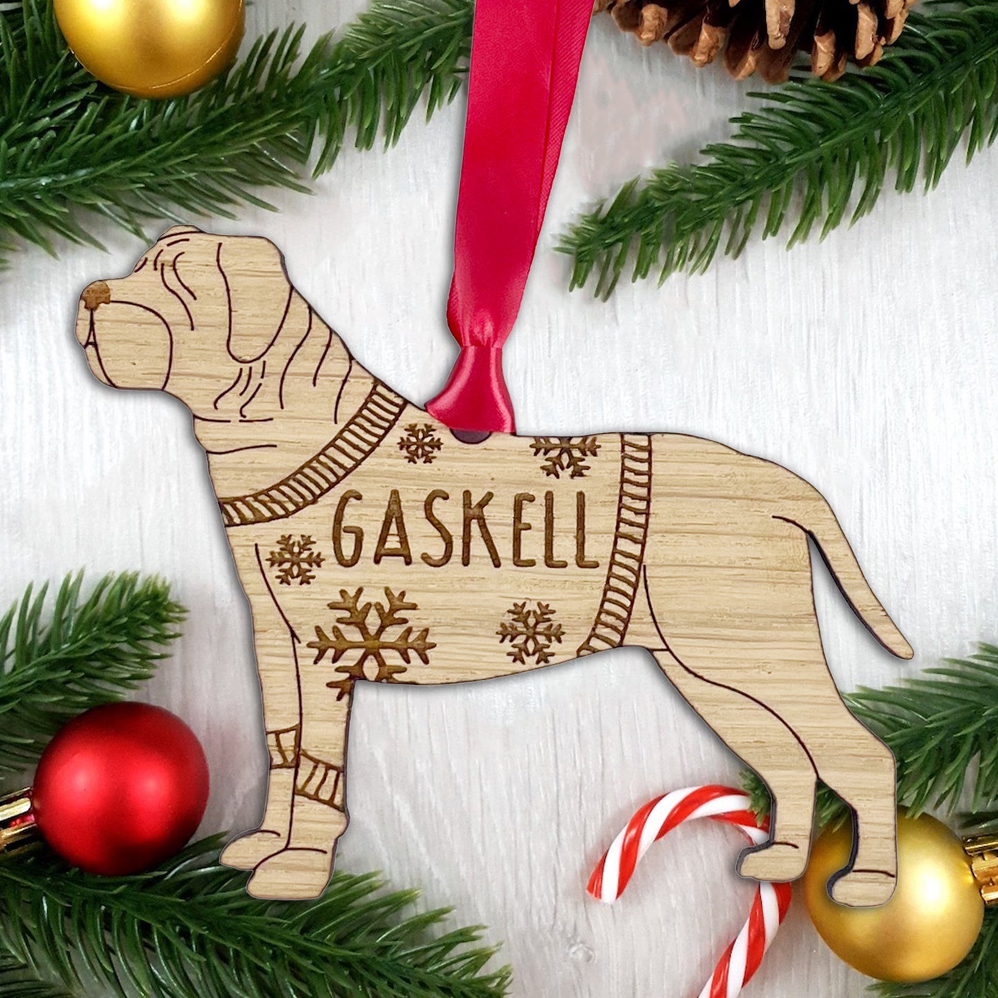 Wooden Dog Bauble Personalised French Mastiff Bauble Jumper Dog Bauble - Oak Veneer Wood - Add any name: French Mastiff