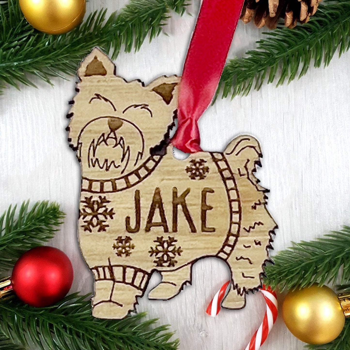 Personalised Yorkshire Terrier Bauble Jumper Dog Bauble - Oak Veneer Wood - Add any name