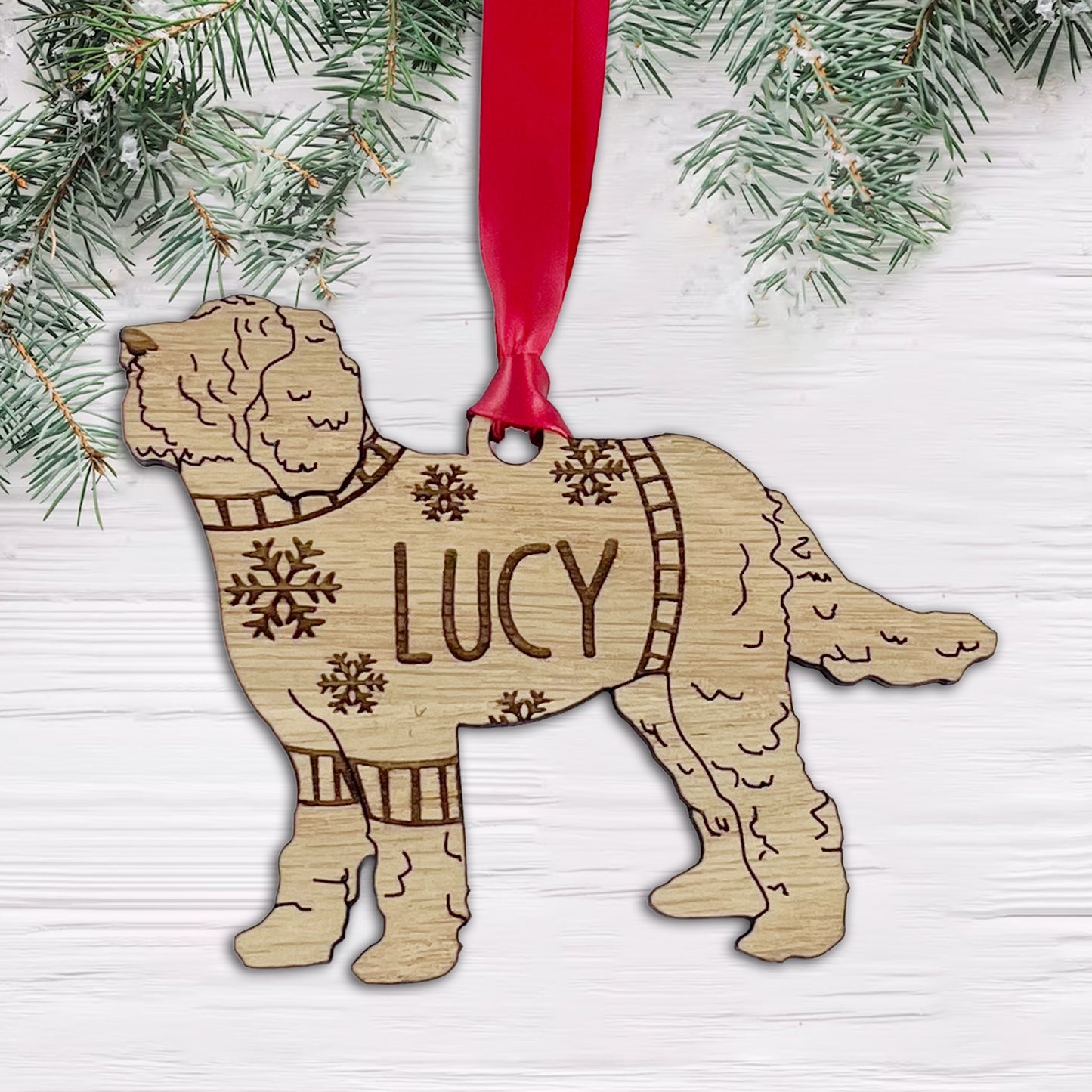 Personalised Laradoodle Bauble Jumper Dog Bauble - Oak Veneer Wood - Add any name