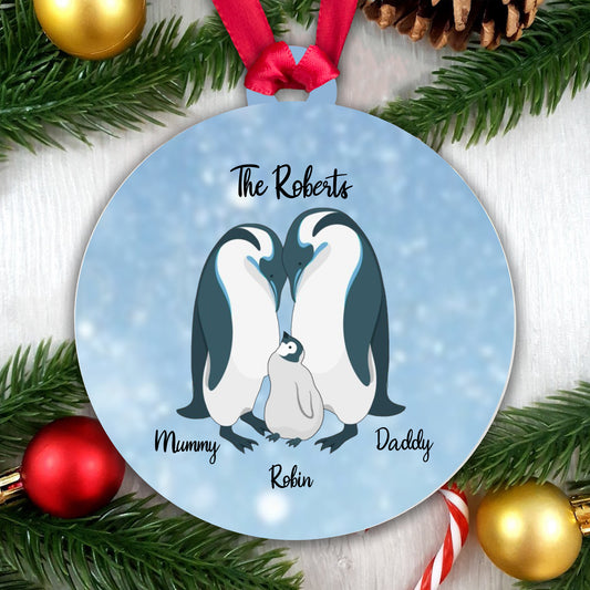 Personalised Penguin Family Blue Bauble - 1 Child