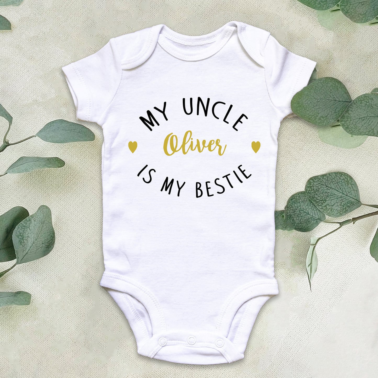 Personalised My Uncle is My Bestie Baby Grow Vest - Gold Text - New Baby - Baby Announcement