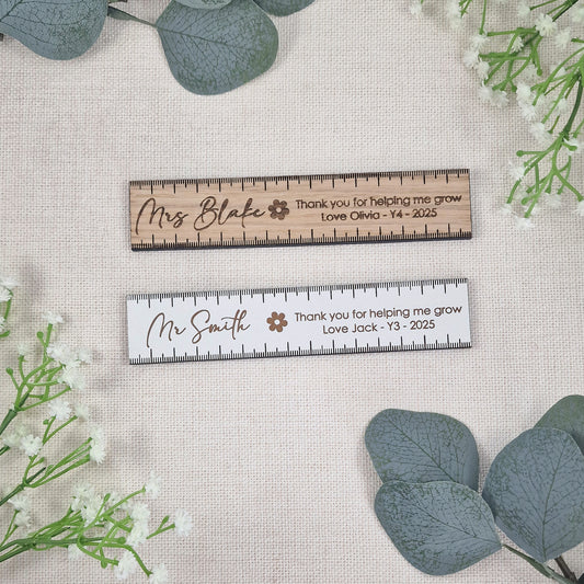 Personalised Wooden Teacher 15cm Ruler – Thank You for Helping Me Grow Gift – Engraved Name, Class & Year – Sustainable Oak or White Wood
