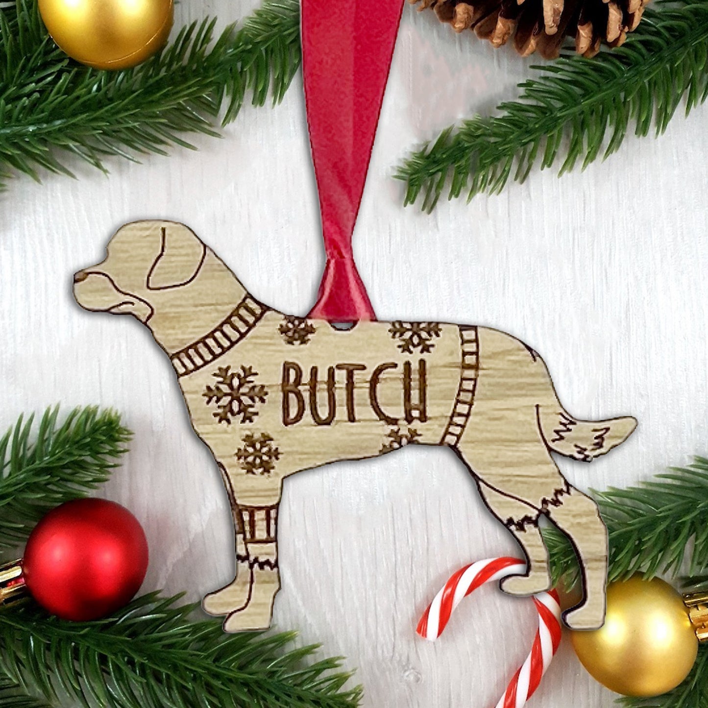 Personalised Rottweiler Bauble Jumper Dog Bauble - Oak Veneer Wood - Add any name