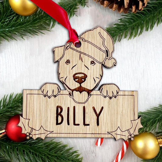 Personalised Staffy Dog Bauble - Peeking Dog - Oak Veneer Wood - Add your own name!