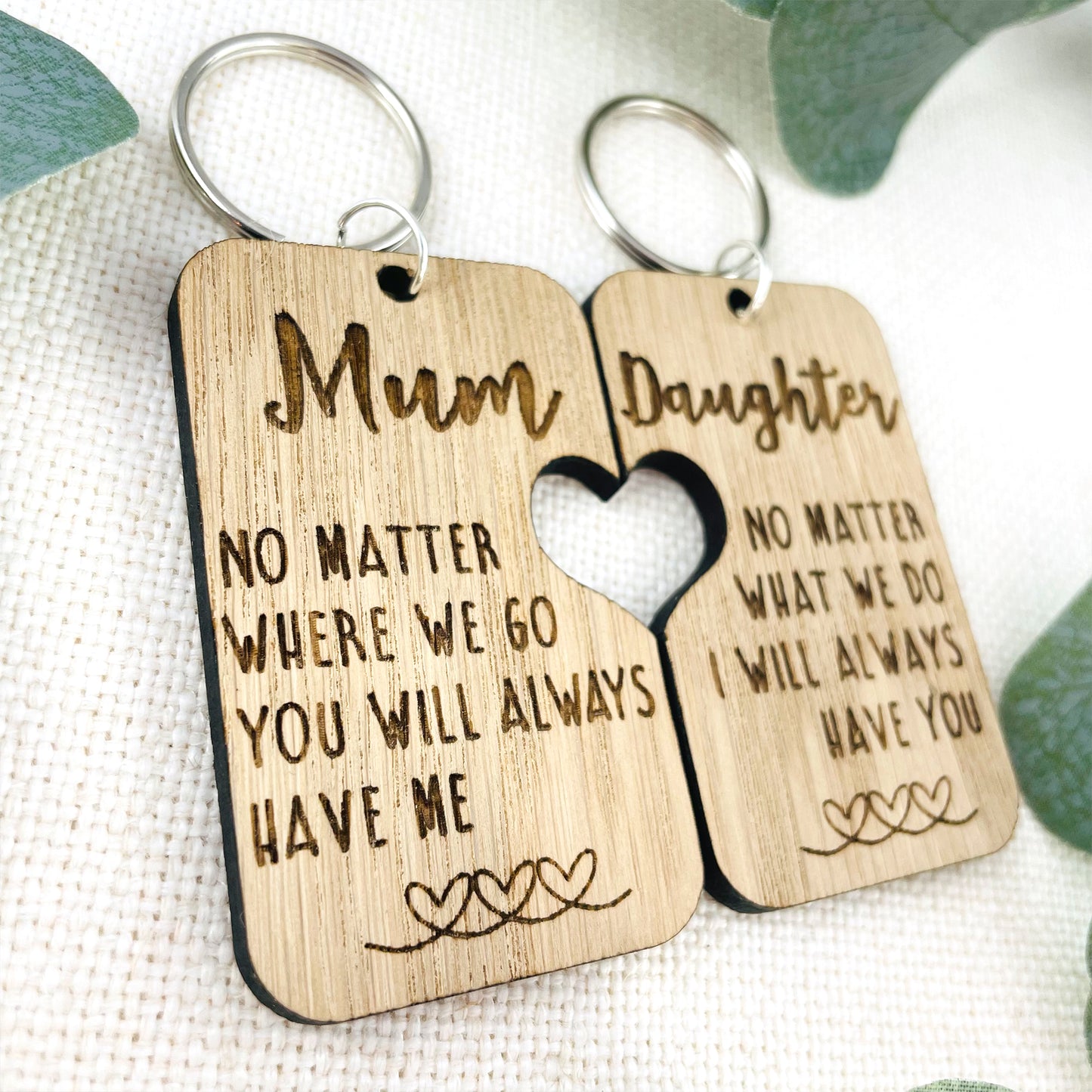 Mum & Daughter Keyring Wooden Oak Veneer - Heart Cut Out - Mothers Day Gift