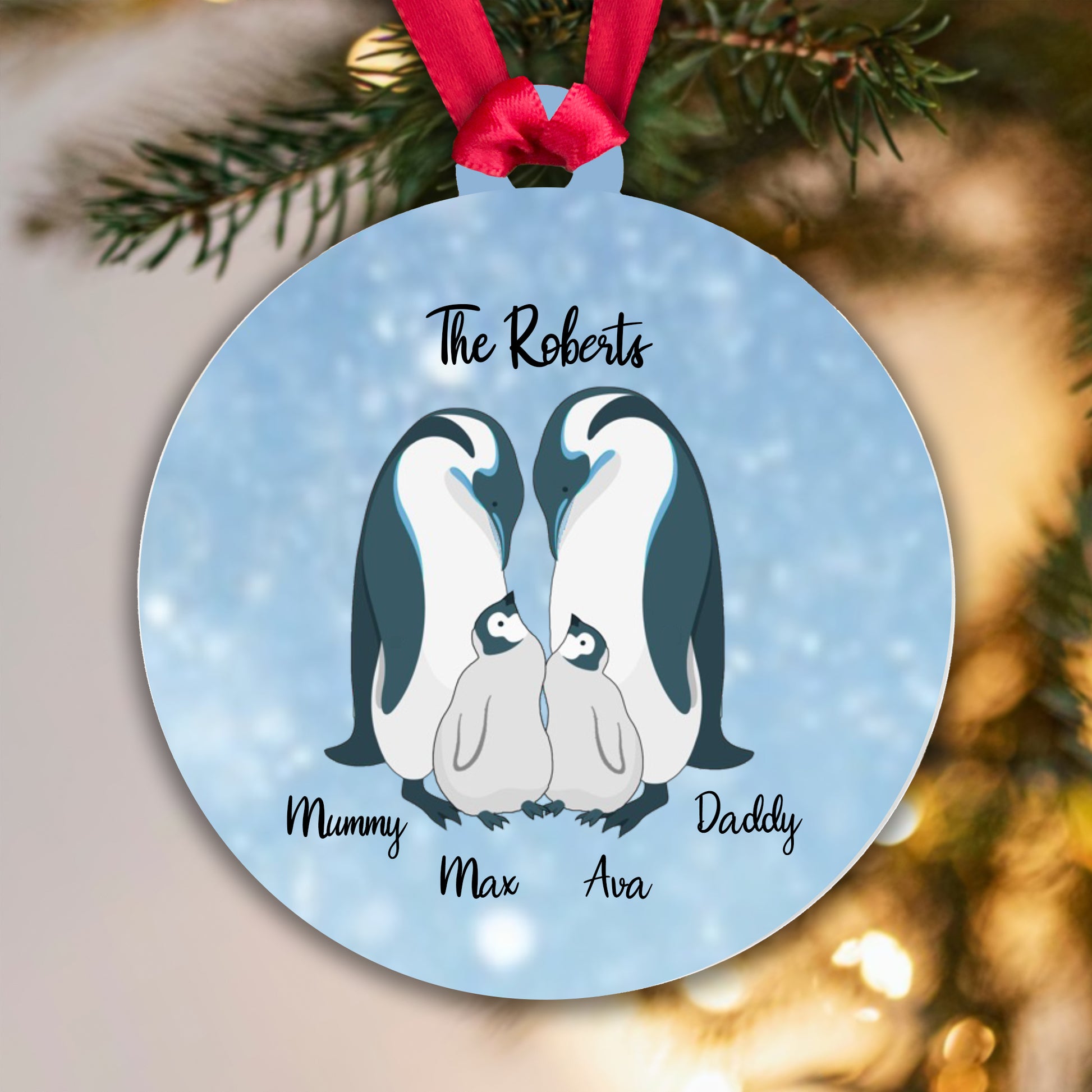 Personalised Penguin Family Blue Bauble - 2 Children
