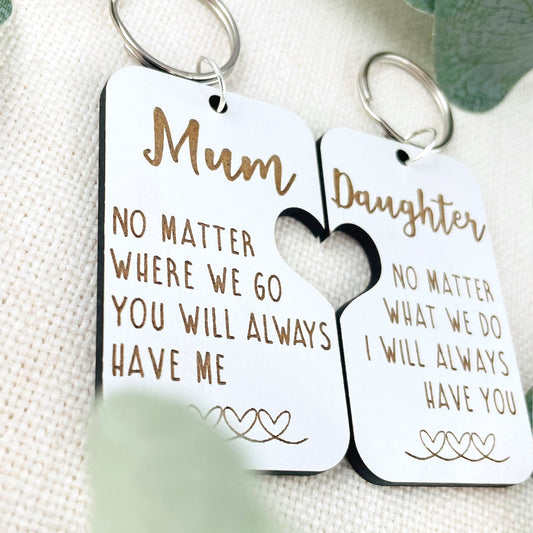 Mum & Daughter Keyring White Wood - Heart Cut Out - Mothers Day Gift