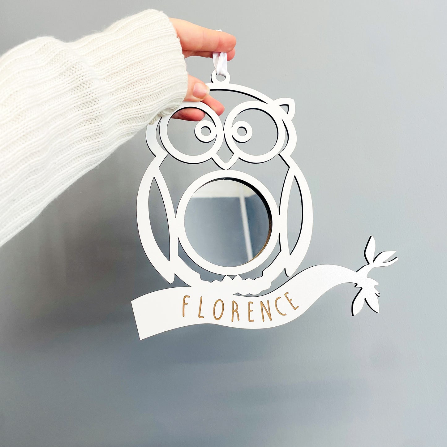 Personalised White Wood Owl Mirror - New Baby Gift - Nursery Decor - Bedroom Decor - Animal Room Accessories