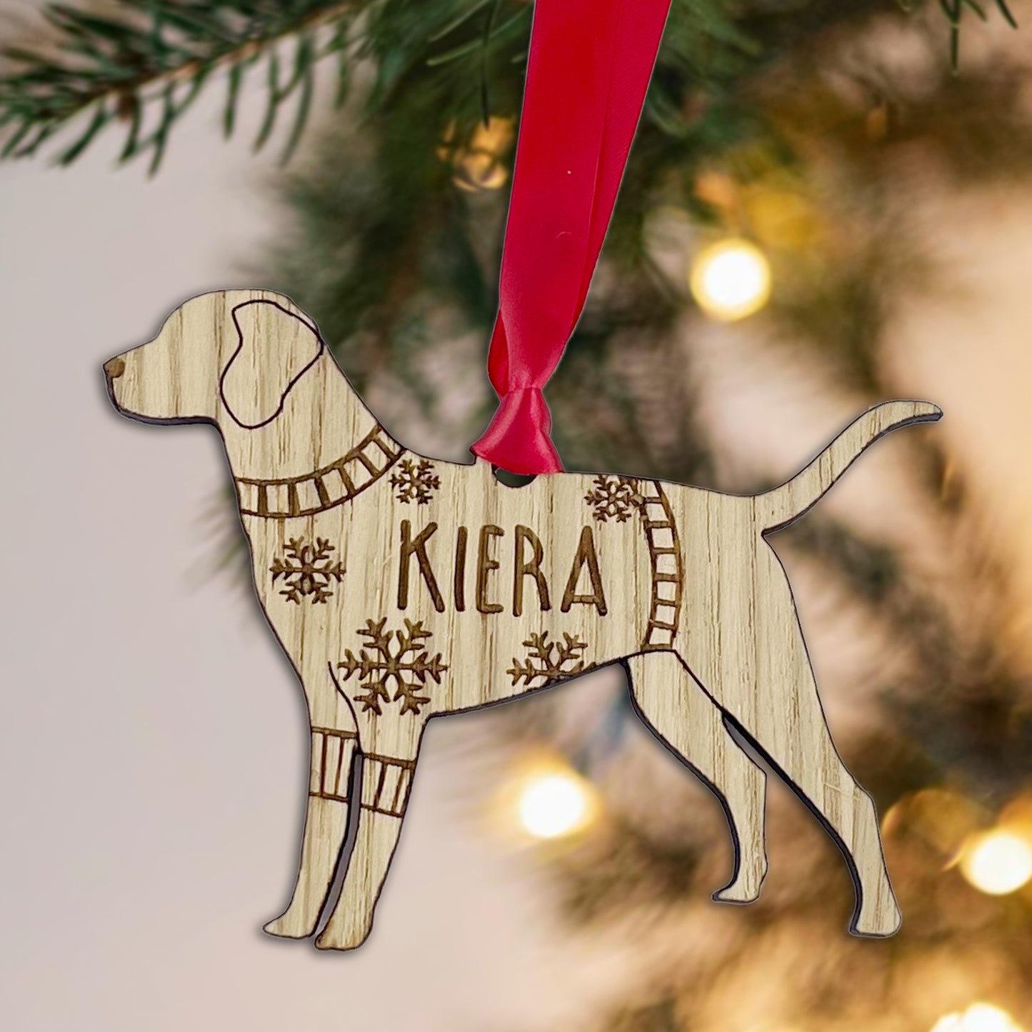 Personalised Labrador Bauble Jumper Dog Bauble - Oak Veneer Wood - Add any name