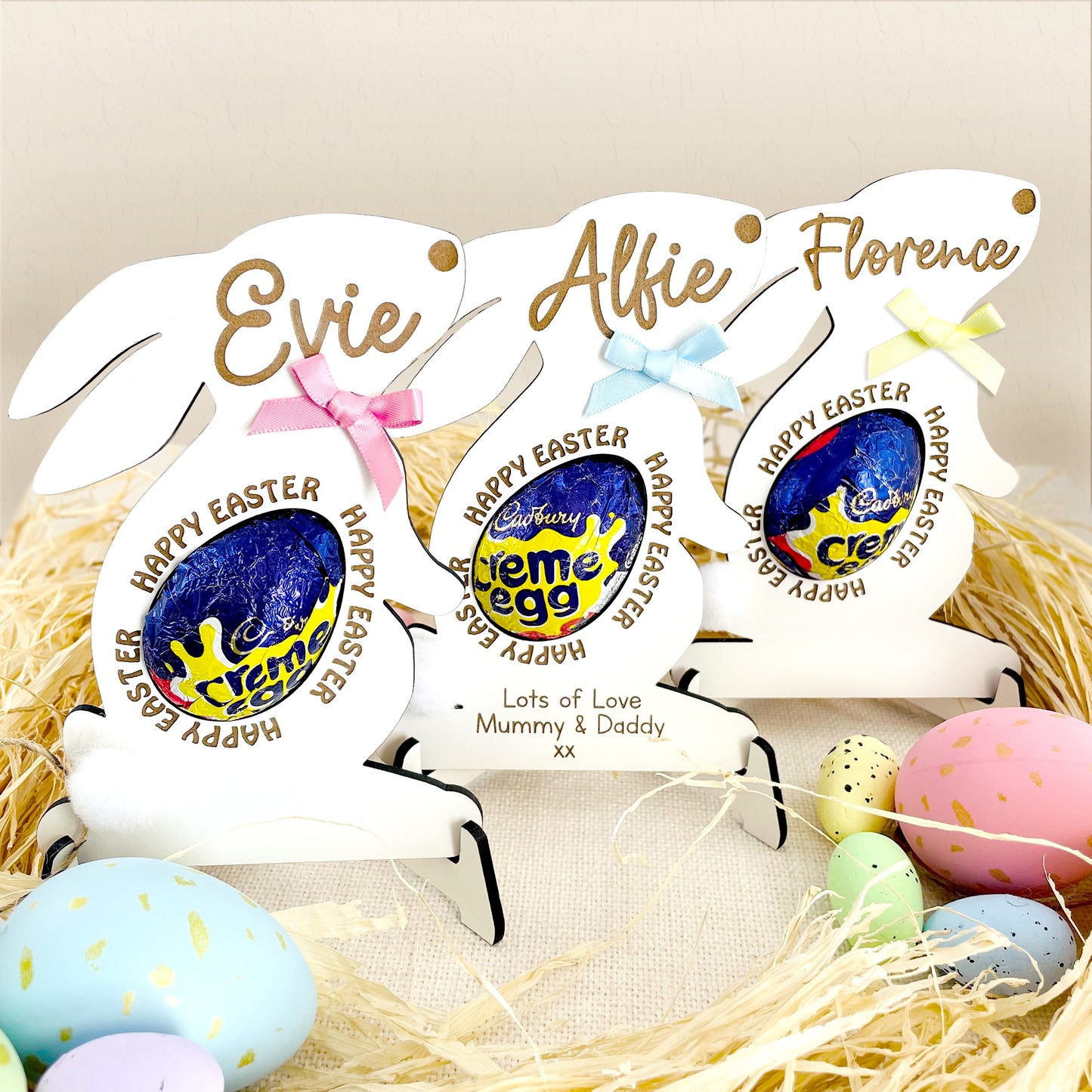 Personalised Easter Bunny White Wood Egg Holder with Easter Egg Display Stand