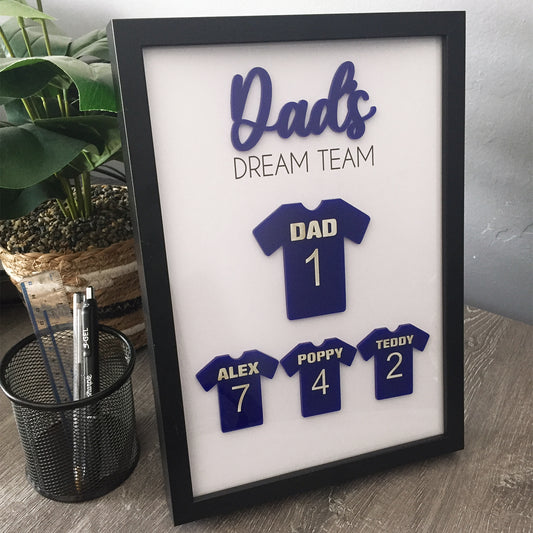 Personalised Dad's Dream Team Football Blue Team Family Box Frame Fathers Day Birthday Daddy - Add your family names