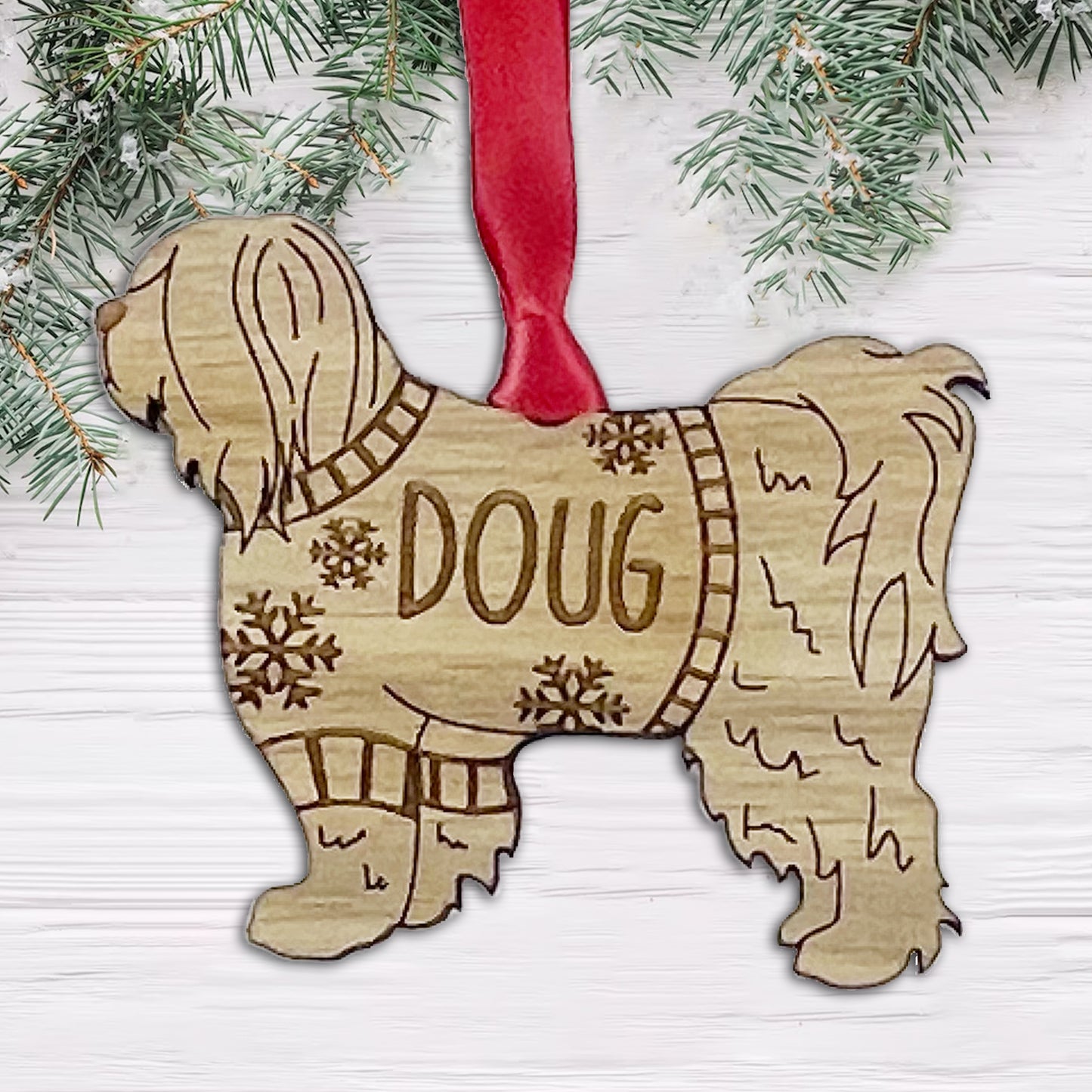 Personalised Tibetan Terrier Bauble Jumper Dog Bauble - Oak Veneer Wood - Add any name
