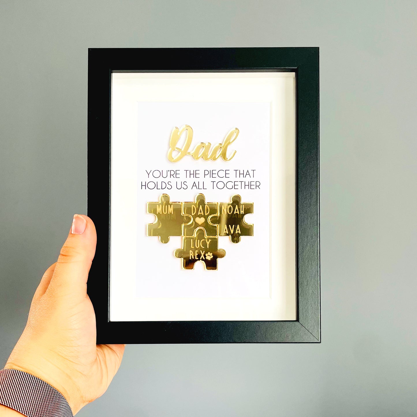 Personalised Dad Gold 'You're the Piece That Holds Us Together' Father's Day Puzzle Pieces Family Box Frame