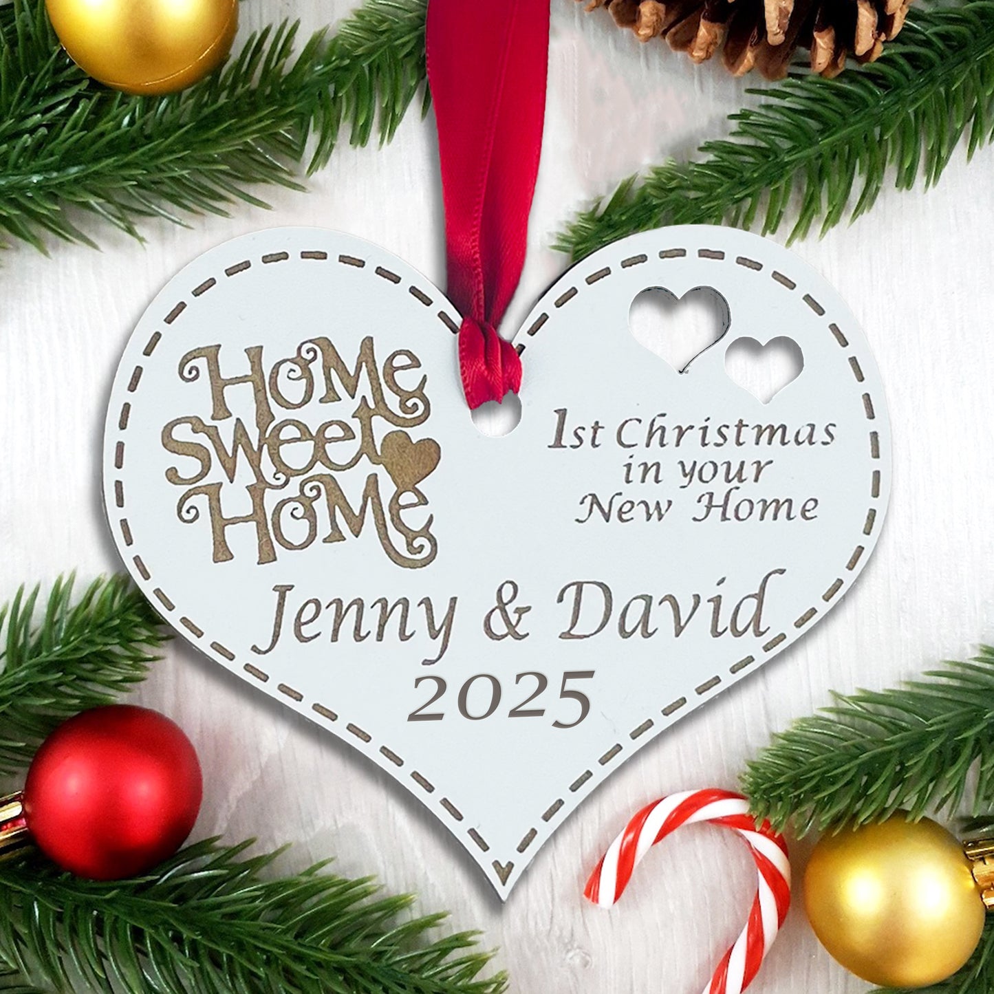 Personalised Wooden First Christmas in New Home Heart - Add your names and year