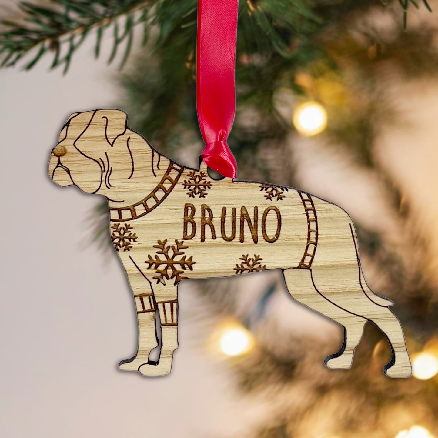 Personalised American Bulldog Bauble Jumper Dog Bauble - Oak Veneer Wood - Add any name