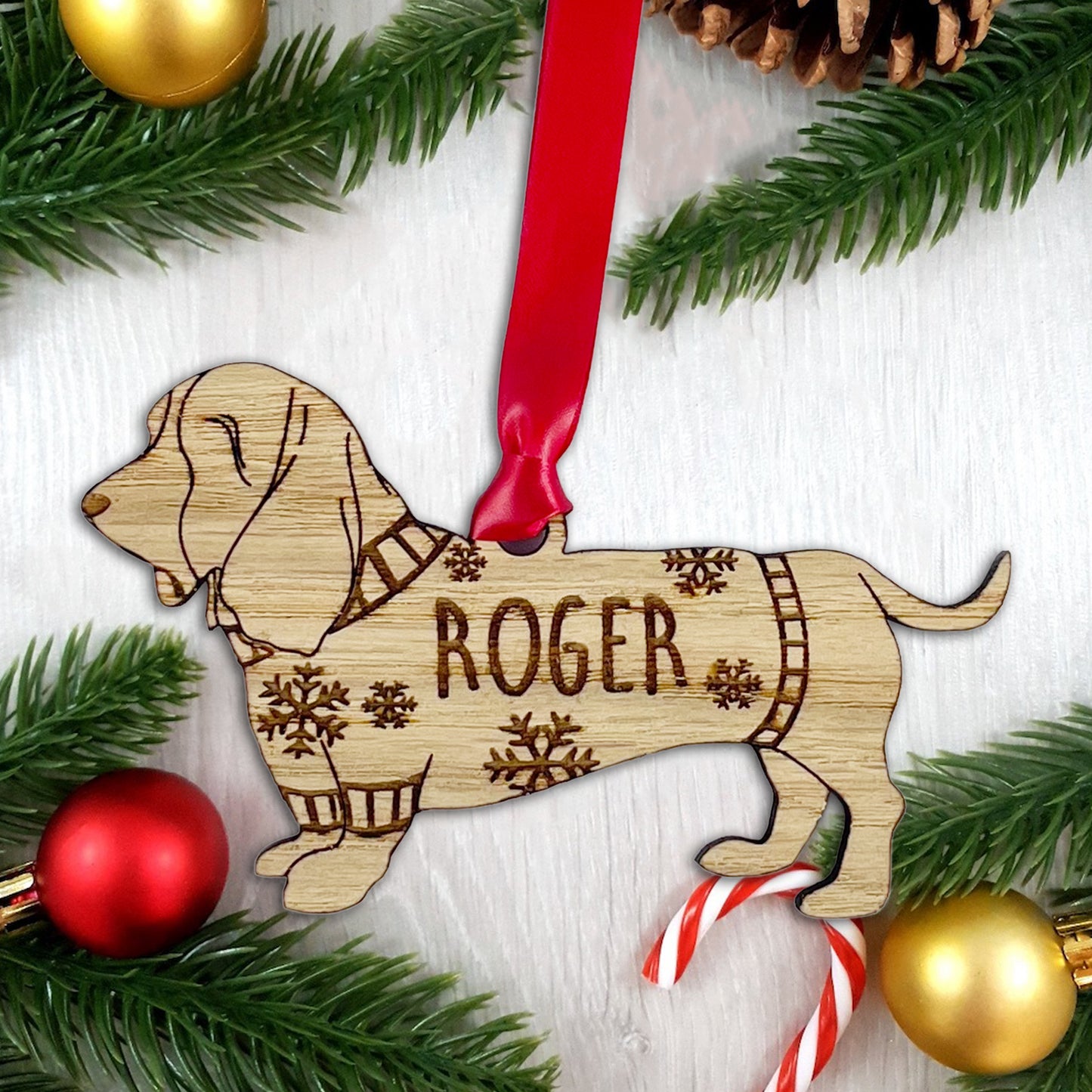 Personalised Basset Hound Bauble Jumper Dog Bauble - Oak Veneer Wood - Add any name