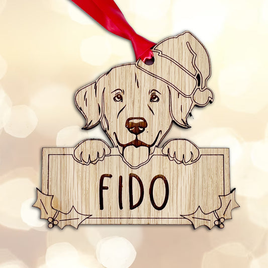 Personalised Golden Retriever Dog Bauble - Peeking Dog - Oak Veneer Wood - Add your own name!