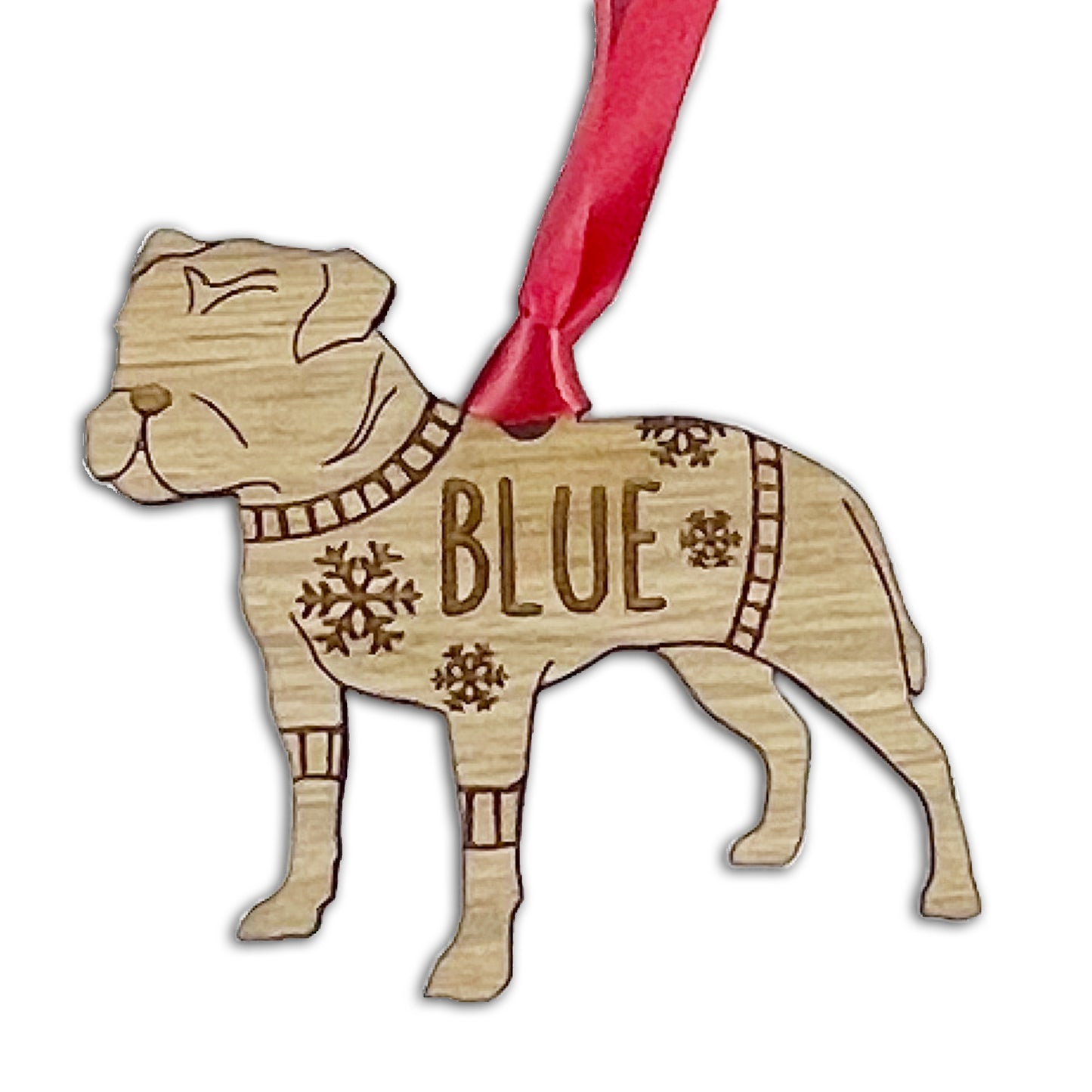 Personalised Staffy Bauble Jumper Dog Bauble - Oak Veneer Wood - Add any name
