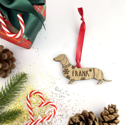 Personalised Dachshund Bauble Jumper Dog Bauble - Oak Veneer Wood - Add any name