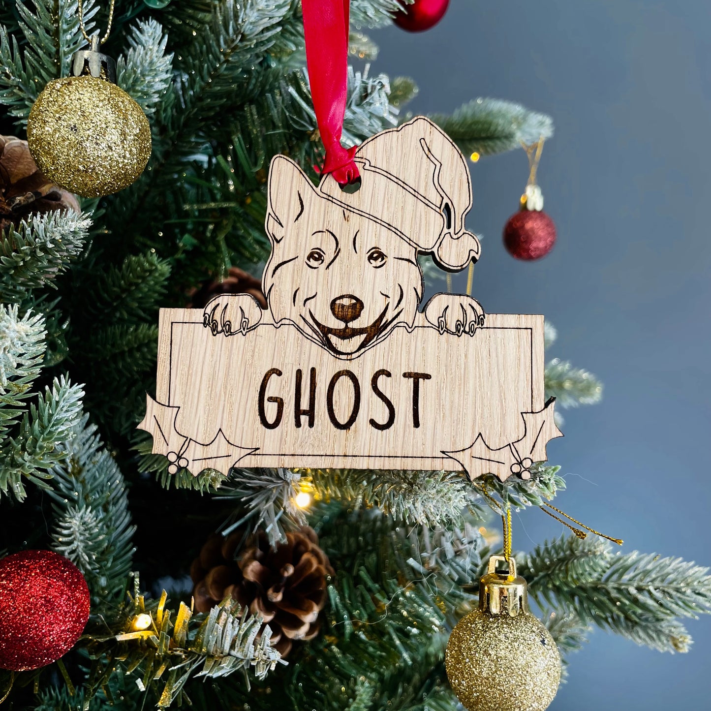 Personalised Husky Dog Bauble - Peeking Dog - Oak Veneer Wood - Add your own name!