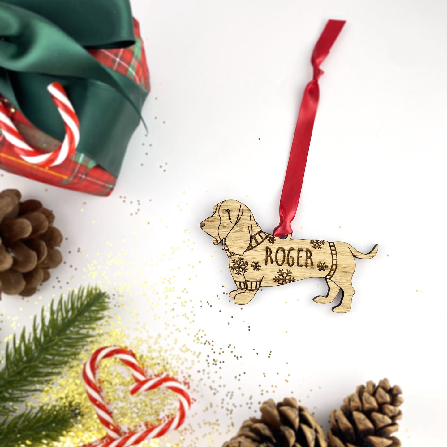 Personalised Basset Hound Bauble Jumper Dog Bauble - Oak Veneer Wood - Add any name