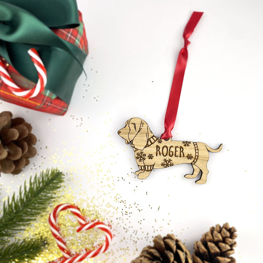 Personalised Basset Hound Bauble Jumper Dog Bauble - Oak Veneer Wood - Add any name