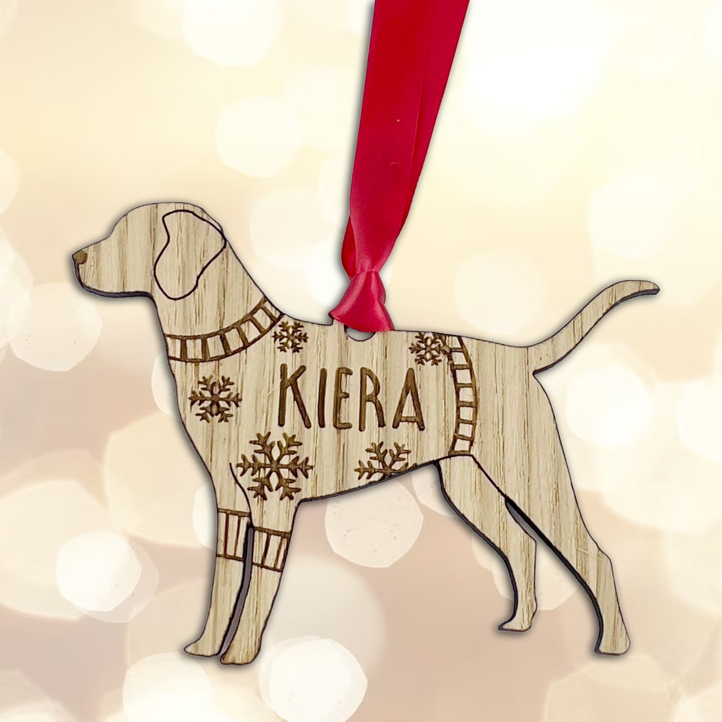 Personalised Labrador Bauble Jumper Dog Bauble - Oak Veneer Wood - Add any name