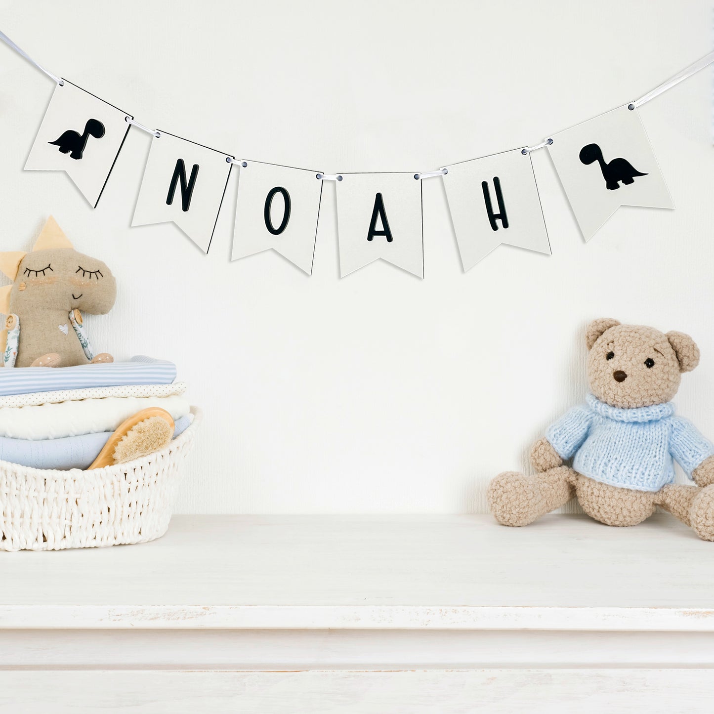 Personalised White Wood Name Bunting with Dinosaurs - Nursery or Child's Room Decor - Add any Name!