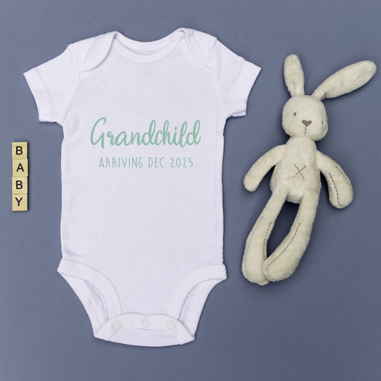 Personalised Grandchild Arriving Baby Announcement Baby Grow Vest Add any Date - Baby Shower - New Baby