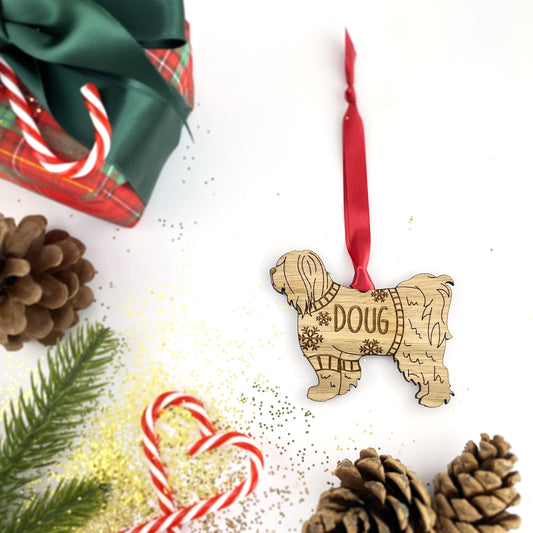Personalised Tibetan Terrier Bauble Jumper Dog Bauble - Oak Veneer Wood - Add any name