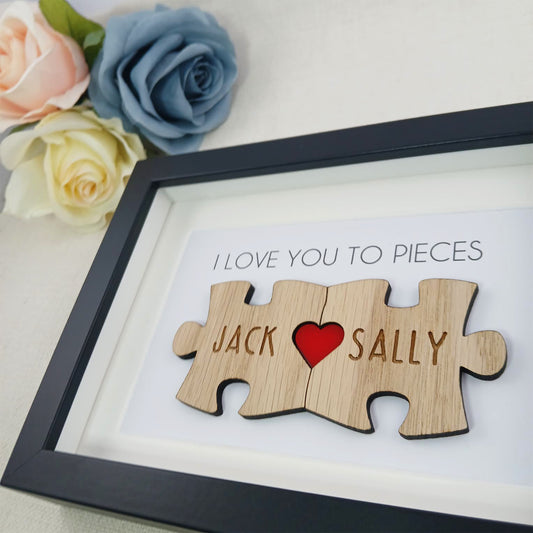 Personalised Wooden 'I Love You To Pieces' Valentine's Day Puzzle Pieces Couple Box Frame - Add your names - Anniversary or Birthday Gift