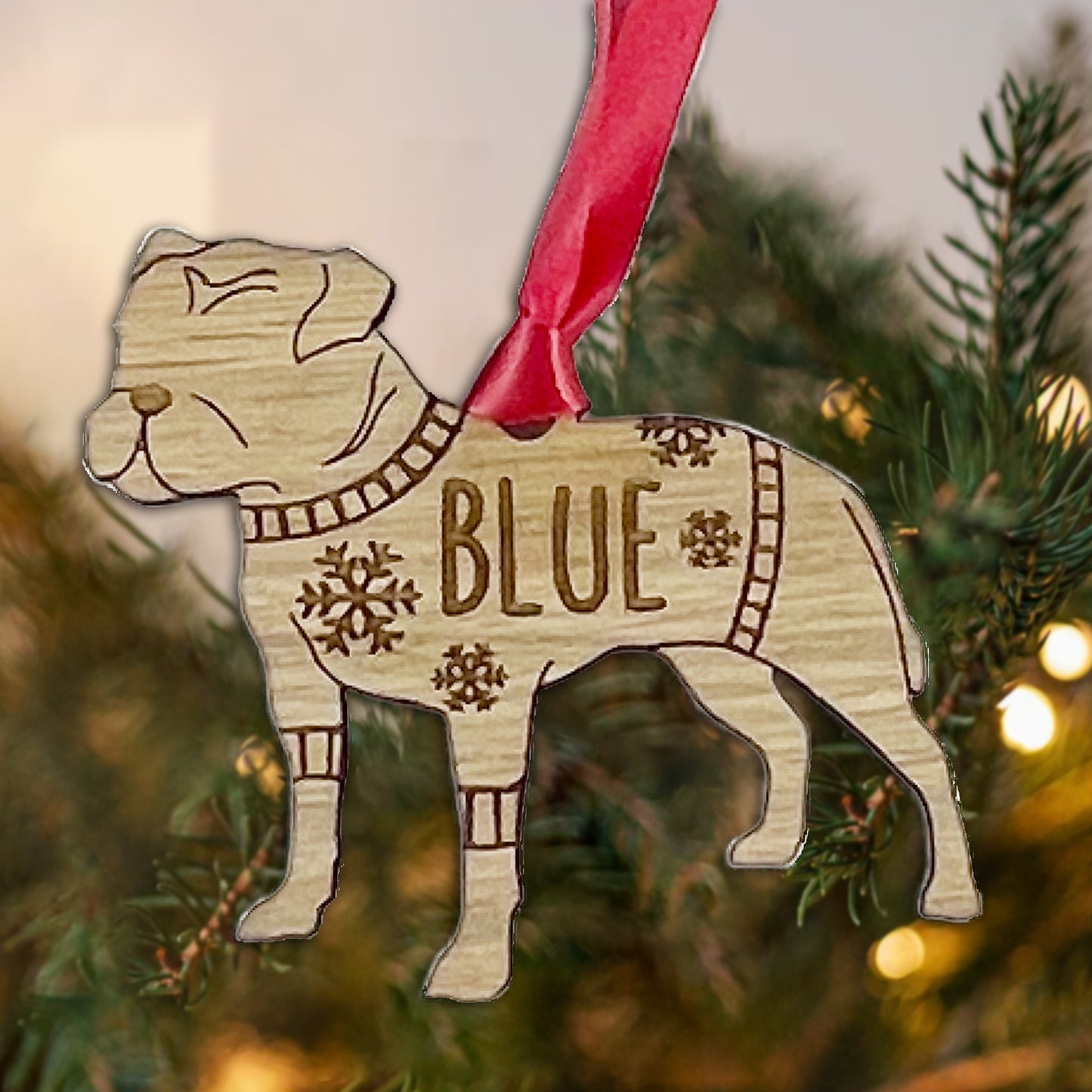 Personalised Staffy Bauble Jumper Dog Bauble - Oak Veneer Wood - Add any name