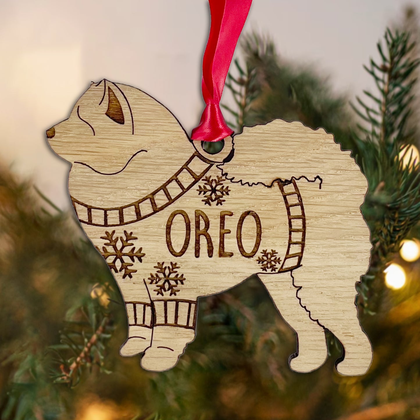 Personalised Chow Chow Bauble Jumper Dog Bauble - Oak Veneer Wood - Add any name