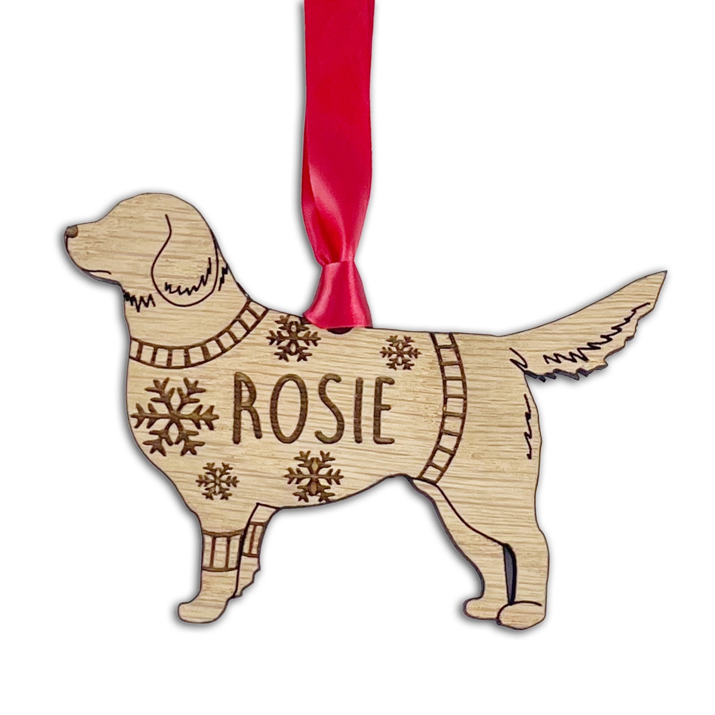 Personalised Golden Retriever Bauble Jumper Dog Bauble - Oak Veneer Wood - Add any name