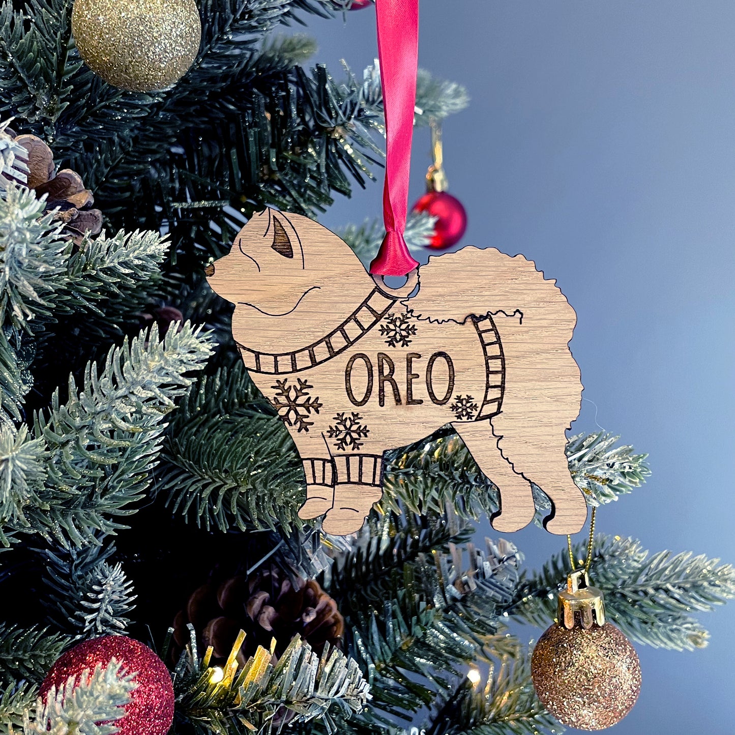 Personalised Chow Chow Bauble Jumper Dog Bauble - Oak Veneer Wood - Add any name