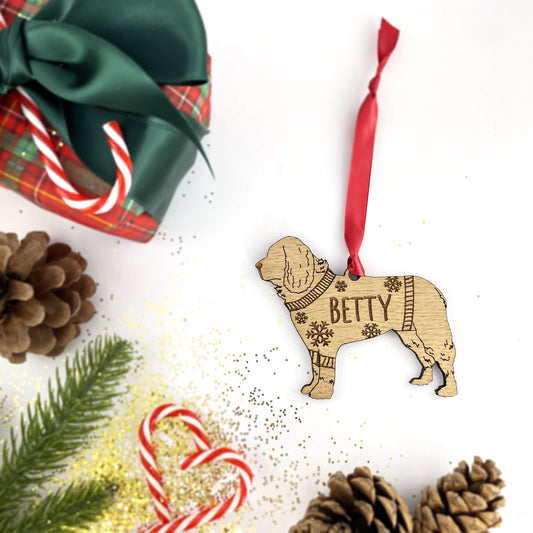 Personalised Newfoundland Bauble Jumper Dog Bauble - Oak Veneer Wood - Add any name