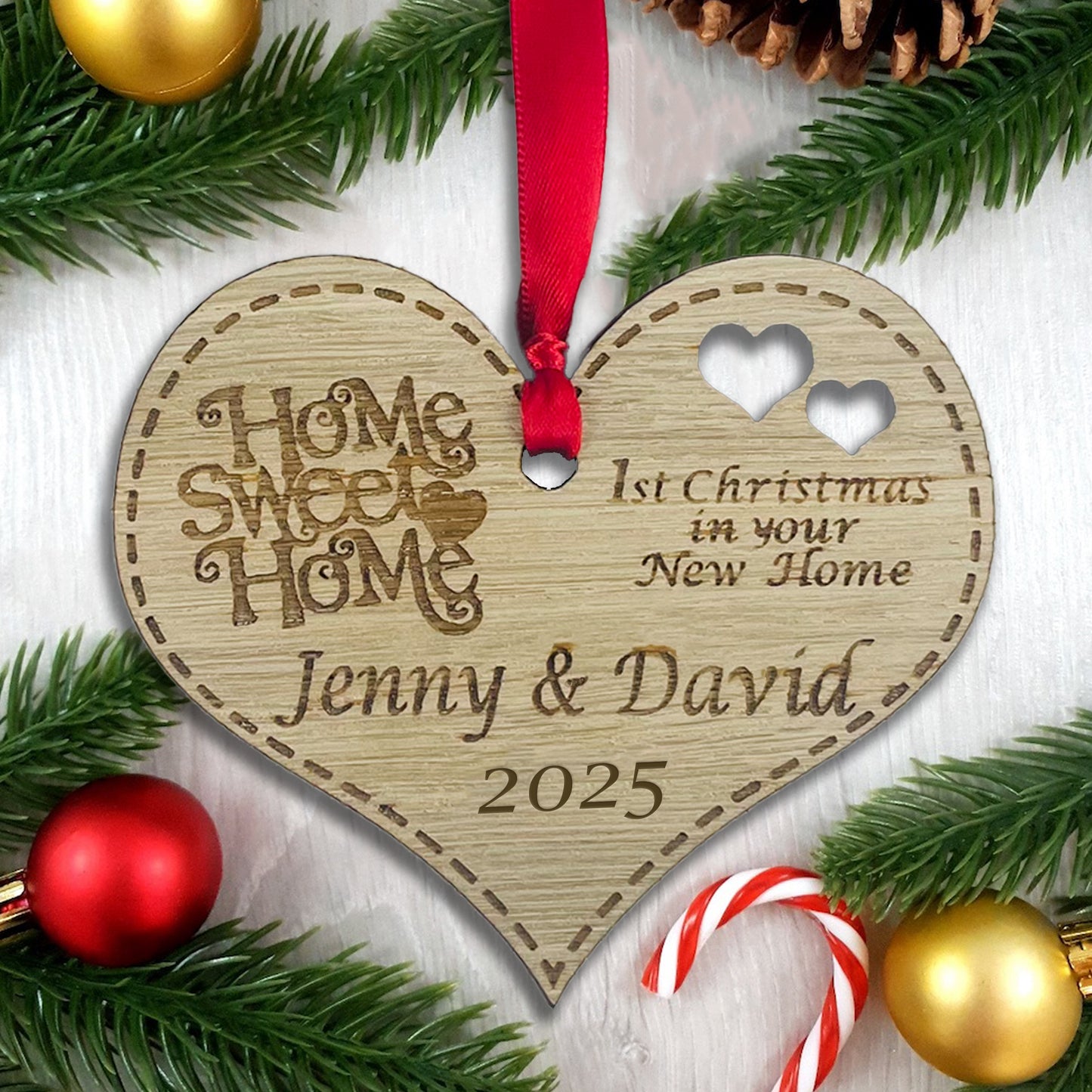 Personalised Wooden First Christmas in New Home Heart - Add your names and year