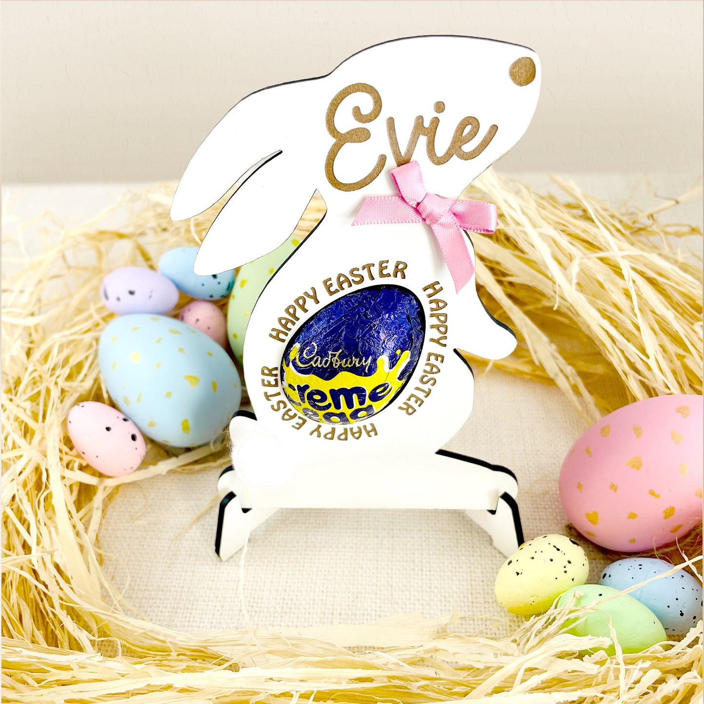 Personalised Easter Bunny White Wood Egg Holder with Easter Egg Display Stand