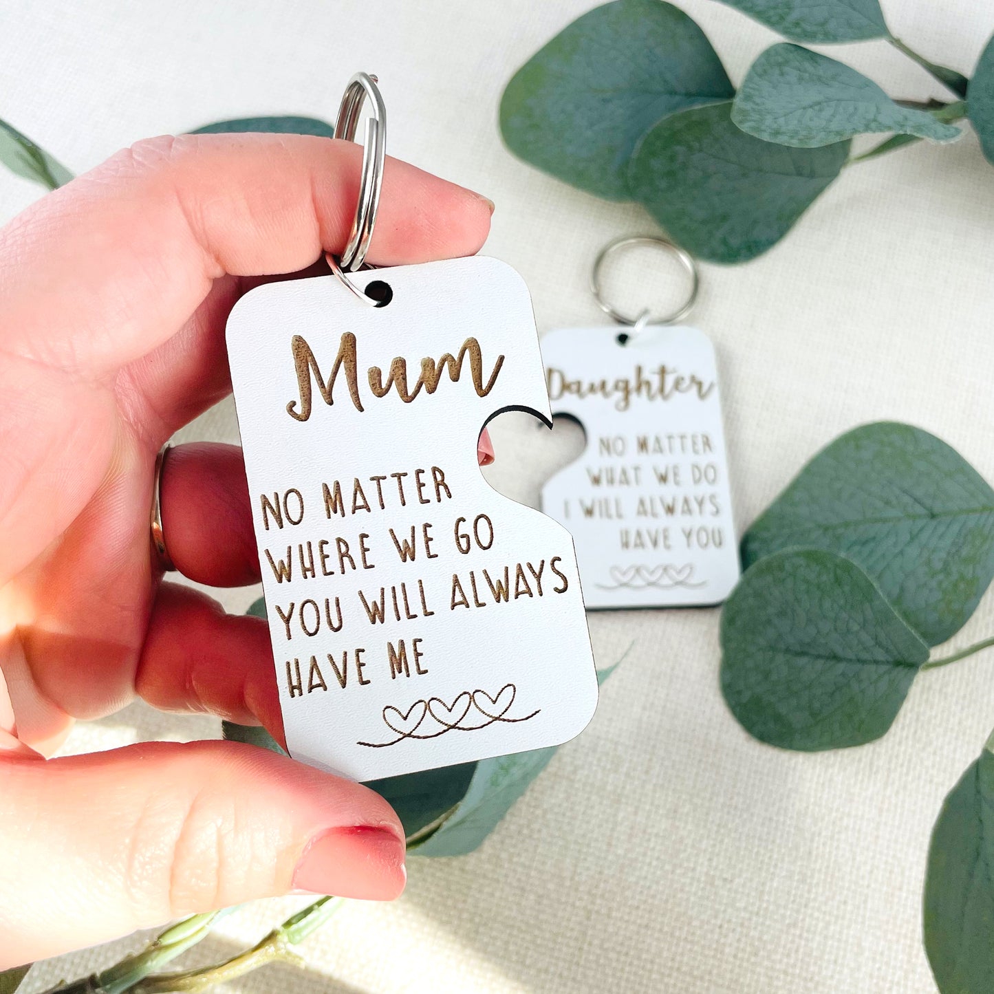 Mum & Daughter Keyring White Wood - Heart Cut Out - Mothers Day Gift