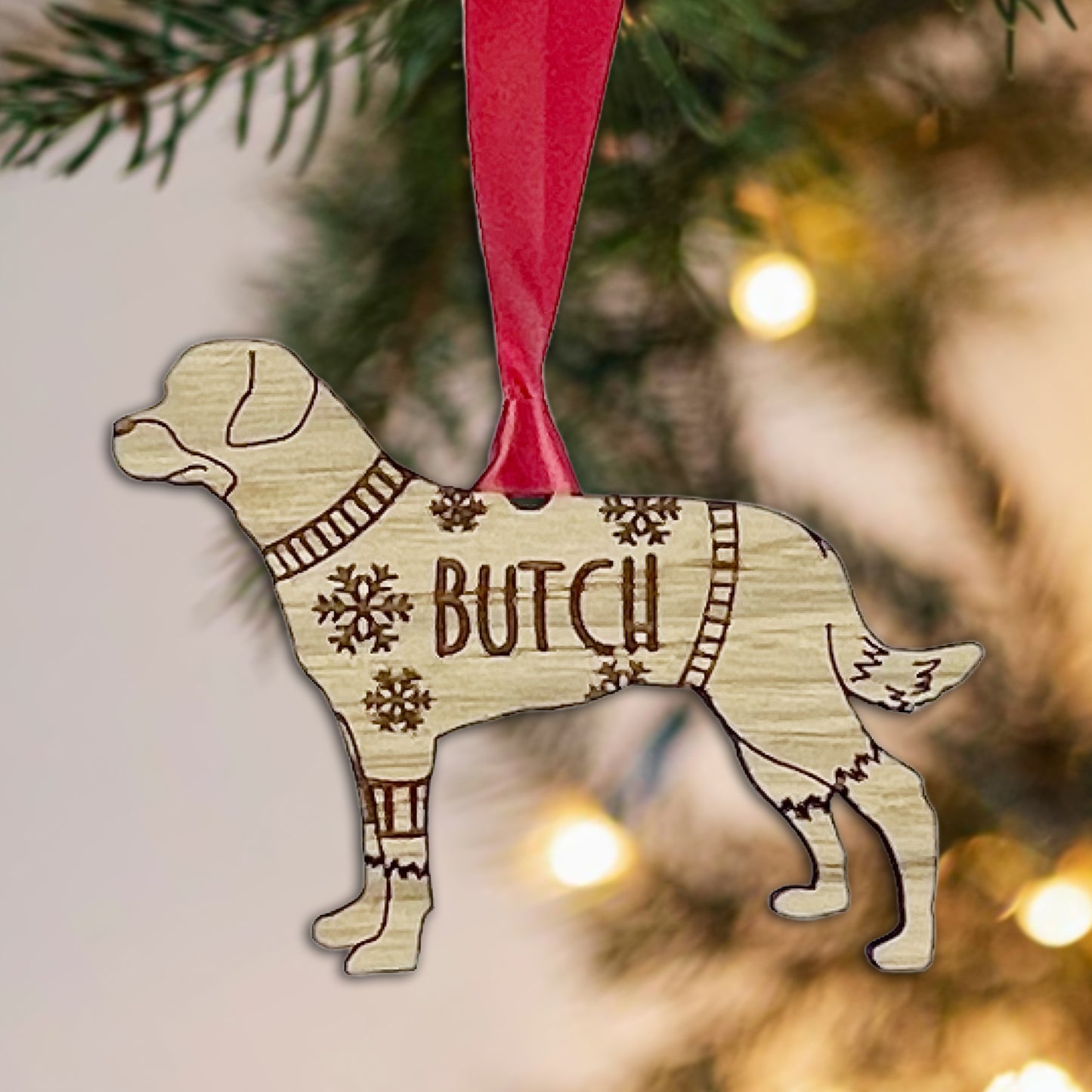 Personalised Rottweiler Bauble Jumper Dog Bauble - Oak Veneer Wood - Add any name