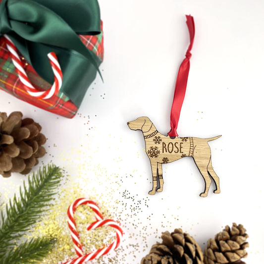Personalised Pointer Bauble Jumper Dog Bauble - Oak Veneer Wood - Add any name