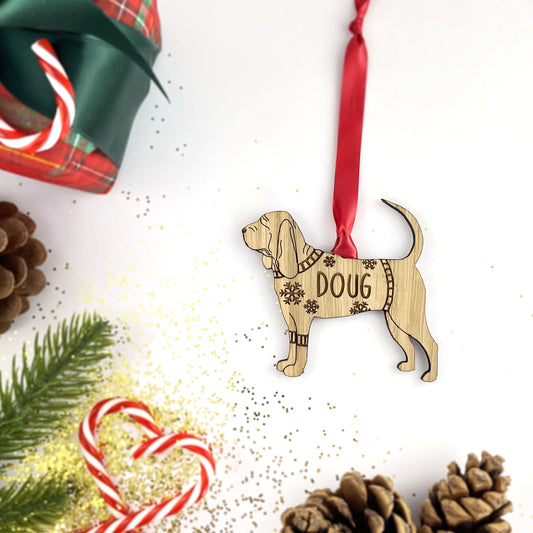 Personalised Blood Hound Bauble Jumper Dog Bauble - Oak Veneer Wood - Add any name