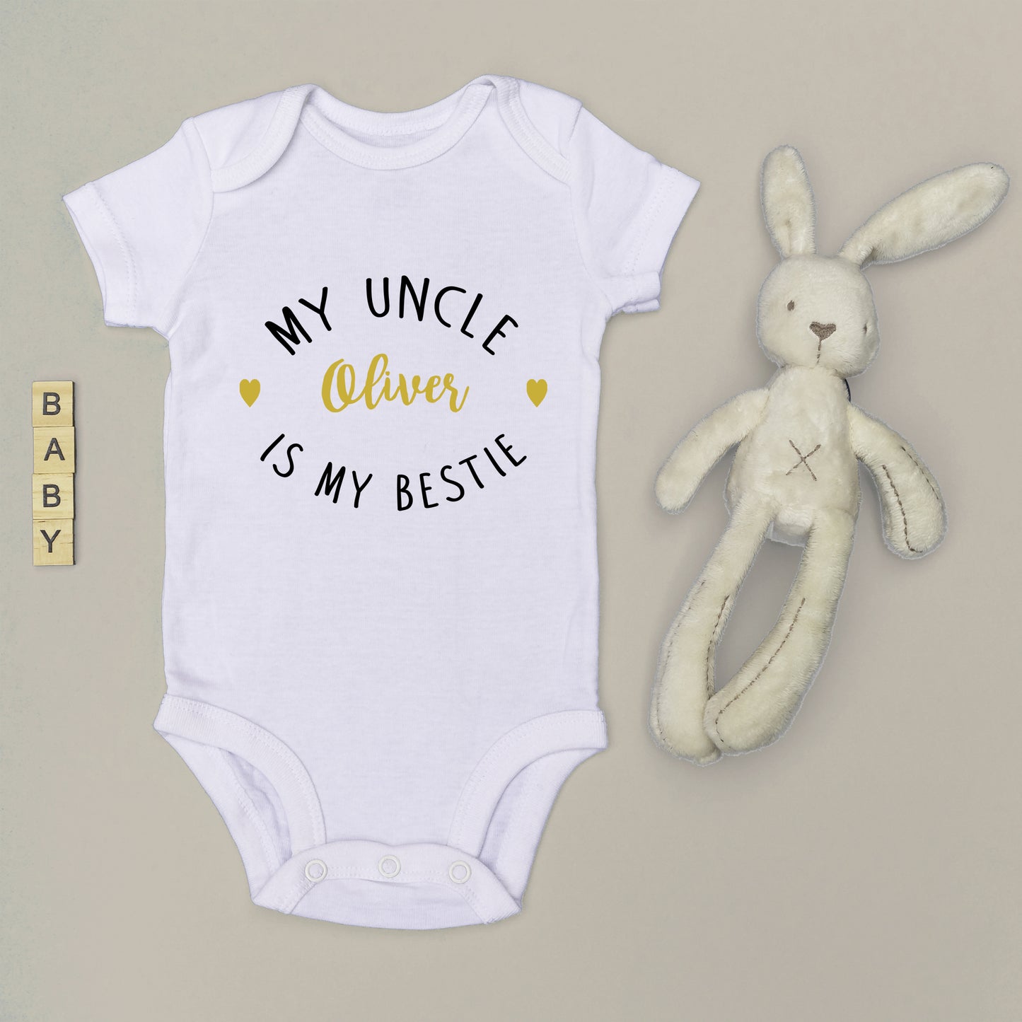 Personalised My Uncle is My Bestie Baby Grow Vest - Gold Text - New Baby - Baby Announcement